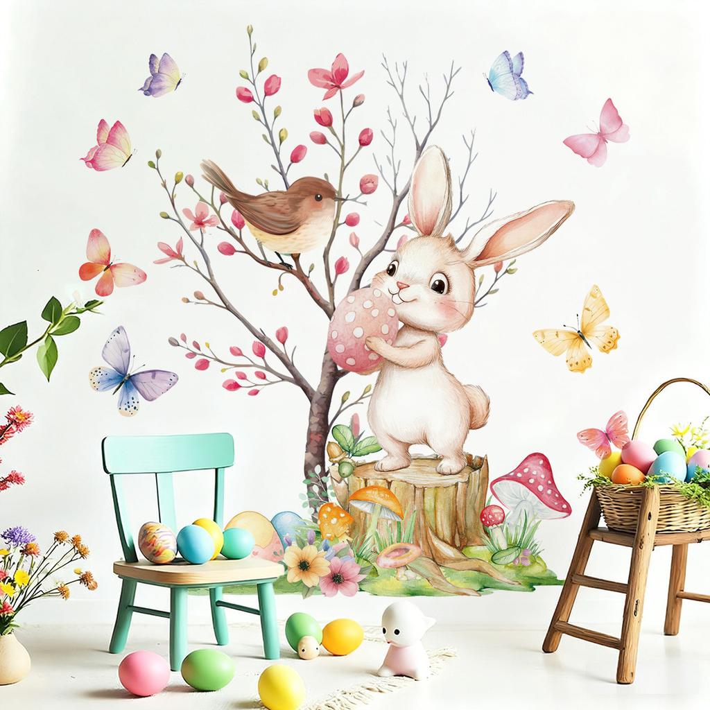 Easter Wall Decor, Window Stickers, Easter Bunny Butterfly Branch, Jesus Resurrection Glass Clings, Easter Home Decoration, Pascha Basque Festival