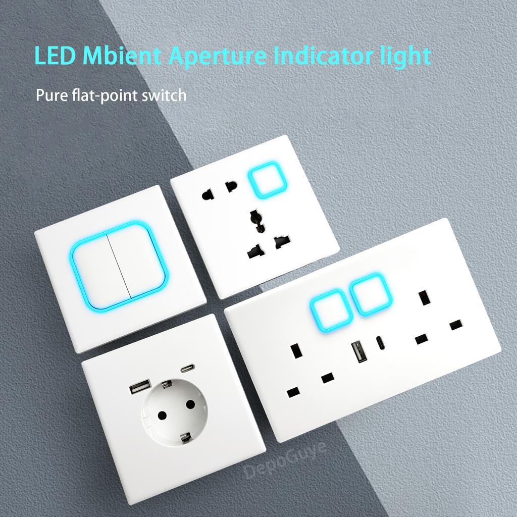 White 1 2 3 4 Gang Button Light Switch Panel Blue LED Indicator,UK Standard Wall Socket Universal Dual 3Pin USB C Power Outlet