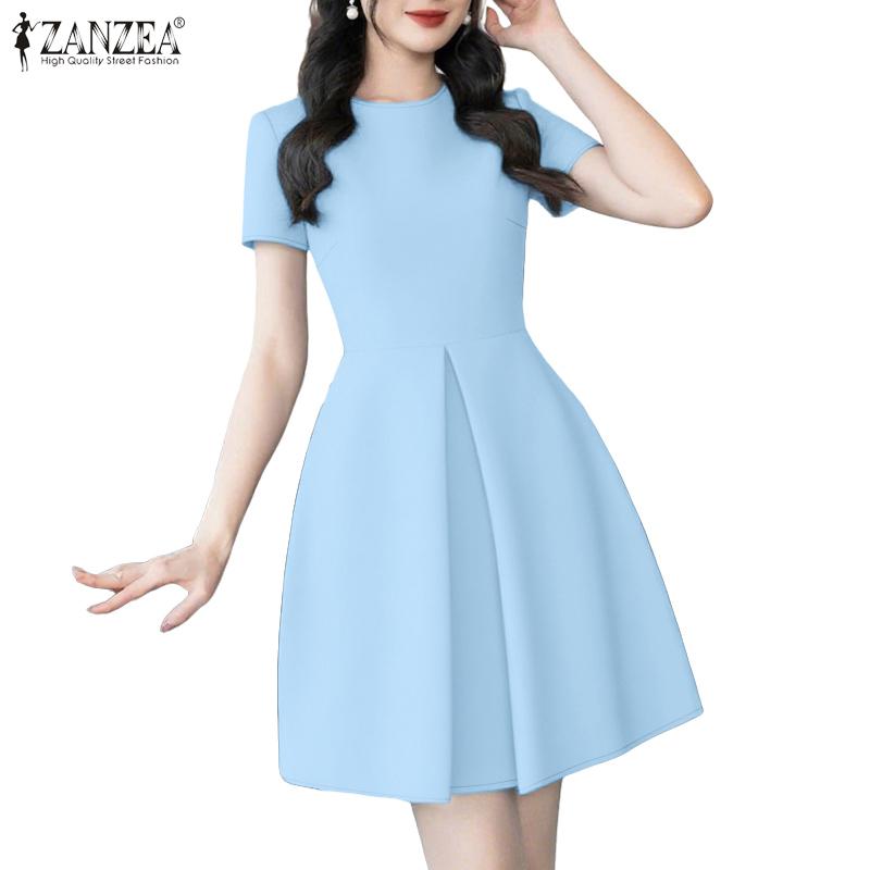 ZANZEA Womens Summer Casual Round Neck Short Sleeve Dress