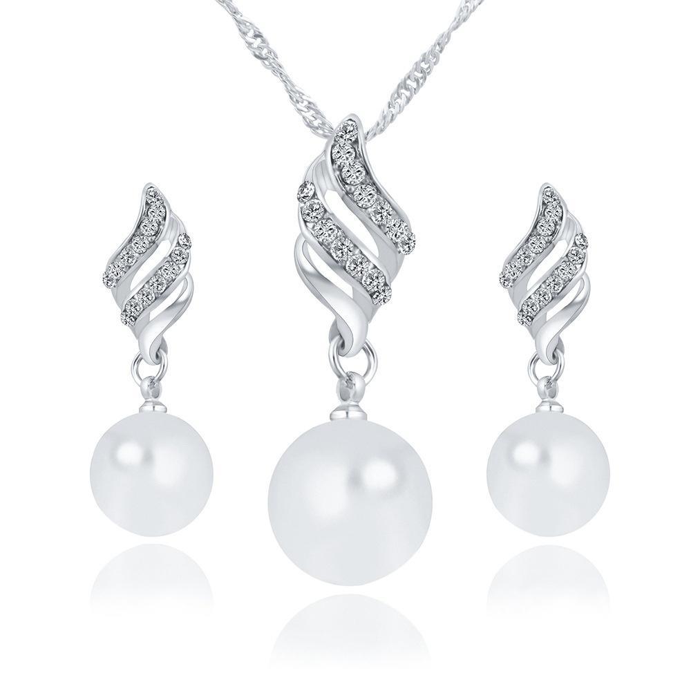 Wedding Faux Pearls Rhinestone Necklace Water Drop Earring Jewelry Set Pip