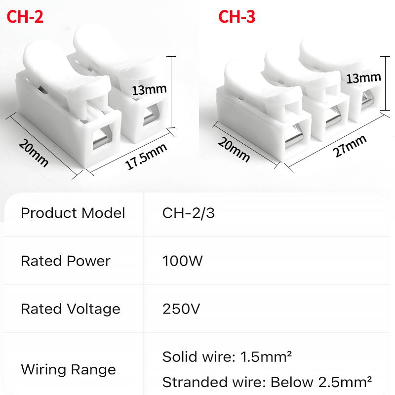 100pcs 2/3 Pin Push-in Spring Loaded Connector, CH2 CH3 5A 250V Wire Cable Connector for Electrical Lighting