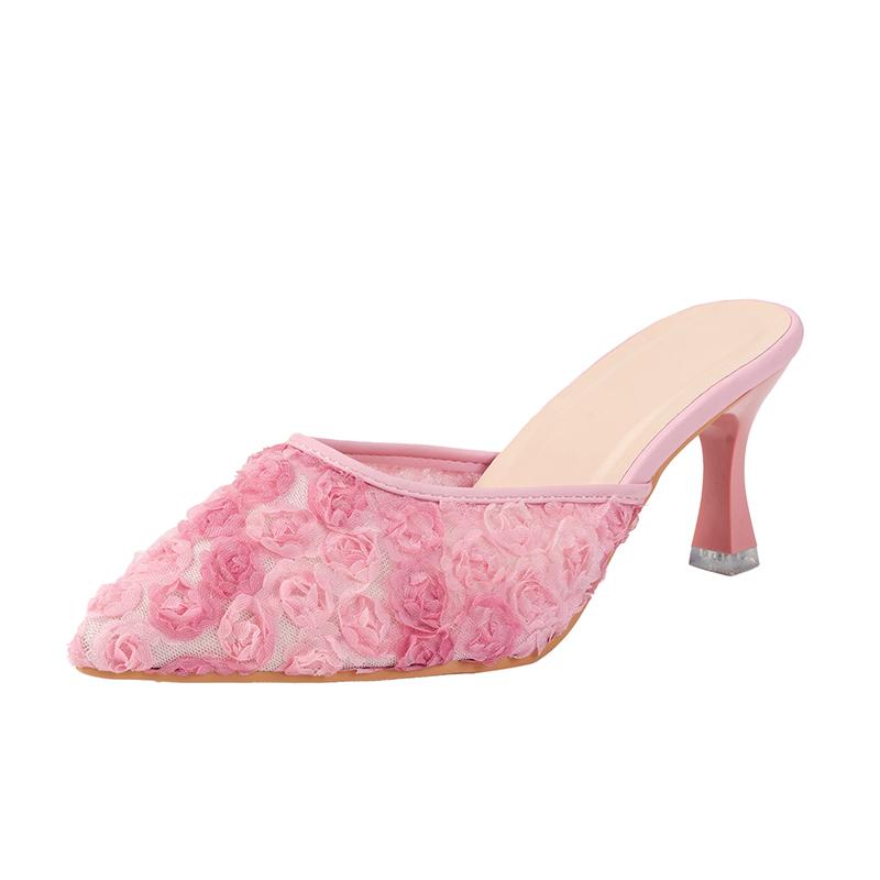 Fashion Temperament Baotou Slippers Summer New Pointed Toe Shallow Mouth Flower Slip-on Non-slip Wear-resistant Stiletto High Heels