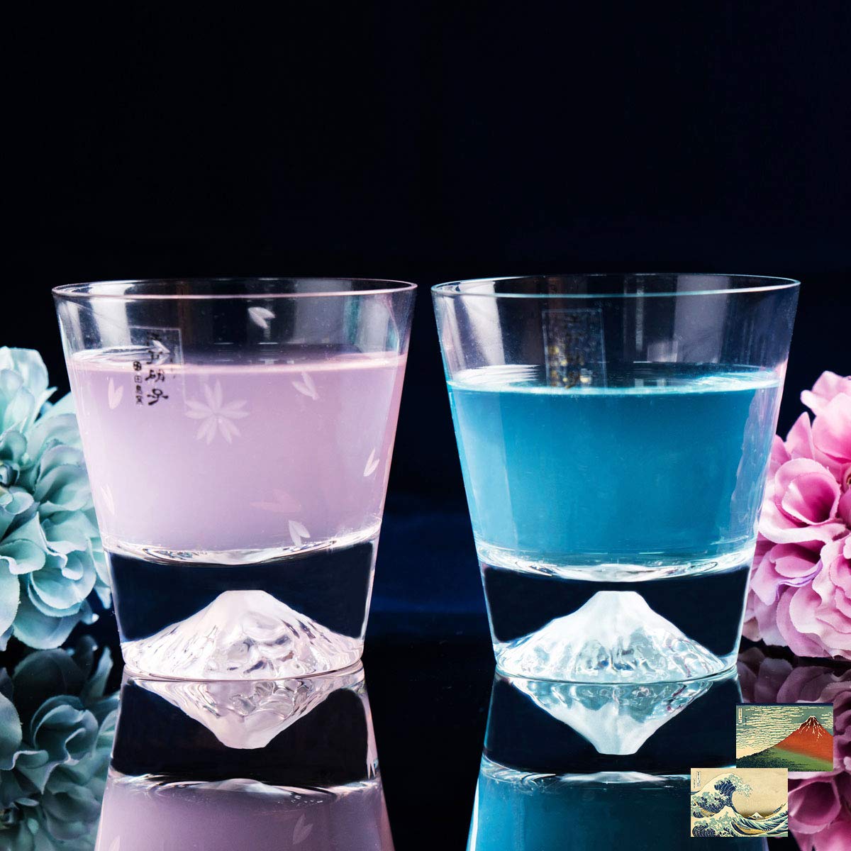 

Fuji Fuji Pair Set of 2 Fuji Rocks Glasses and Sakura Fuji Rocks Glasses Edo Glass Fuji and Cherry Blossom Design Whiskey Glasses with a Postcard from