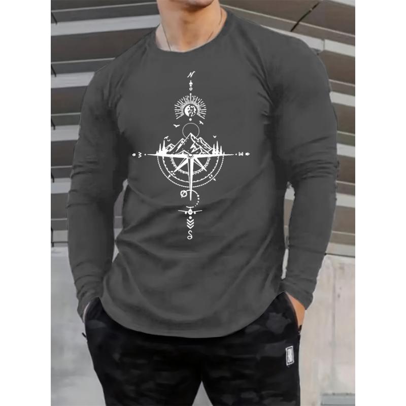 Camiseta De Manga Larga Con Cuello Redondo Y Estampado De Brújula De Montaña Para Deportes Y Ocio, 100% Algodón Puro, Holgada, Cómoda