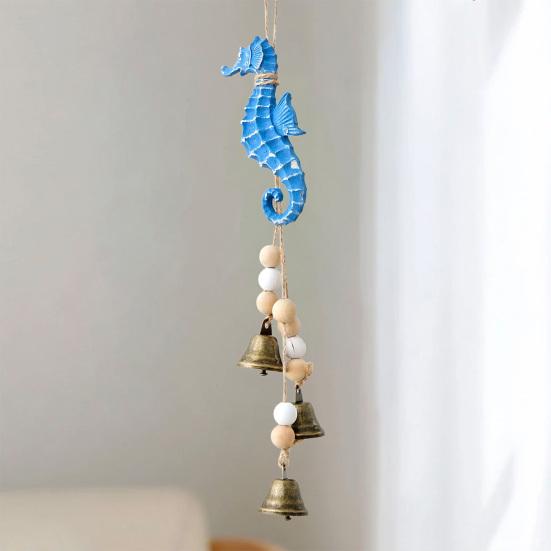 Beach Ocean Themed Bell Ornaments Summer Wooden Seahorse/Sea Turtle/Starfish Wind Chime Nautical Coastal Wall Hanging Decor for Living Room Bedroom