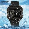 SANDA 6273 Wristwatch Square Dual Time Man Electron Analog Watch for Men Women Waterproof Count Down Timer Digital World Time