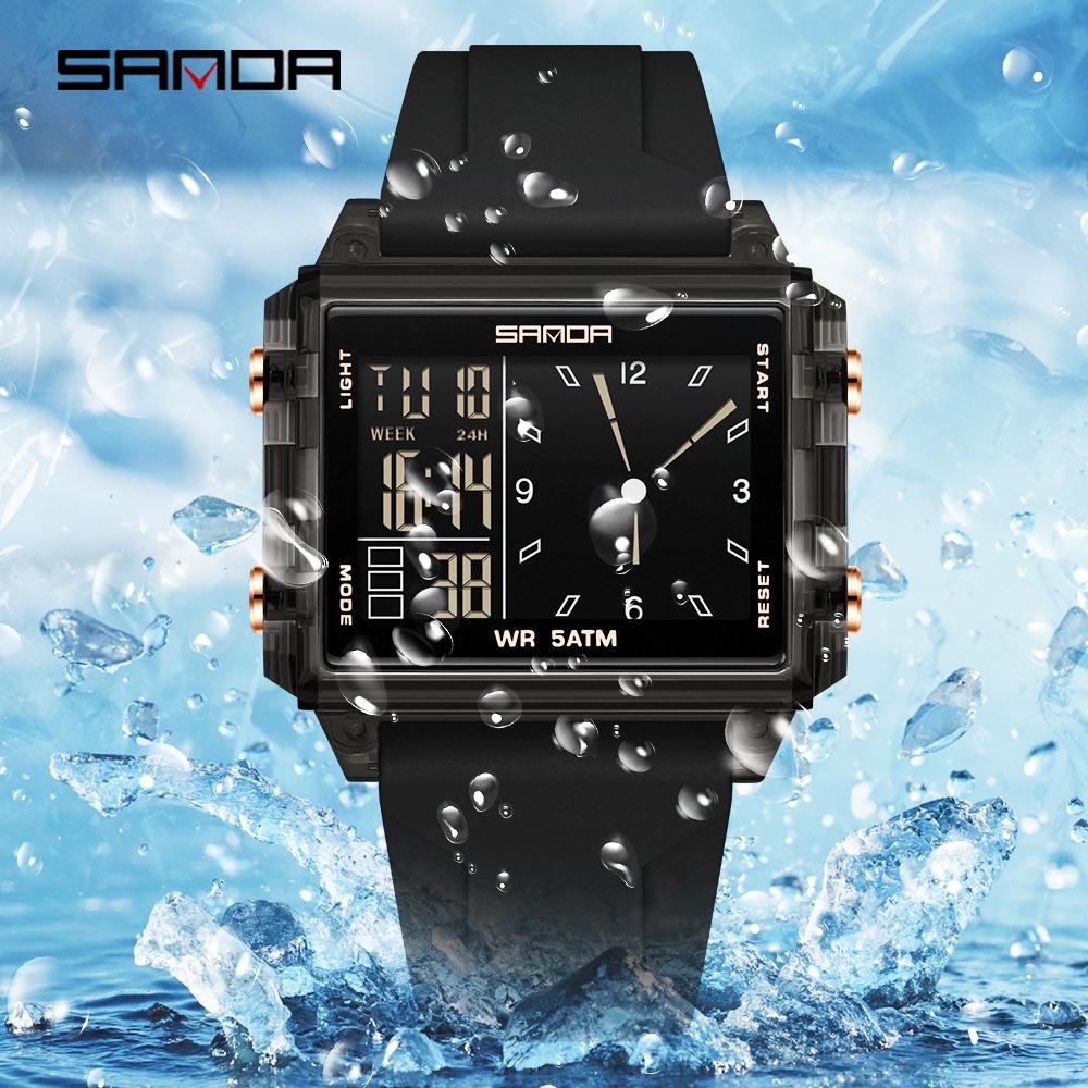 SANDA 6273 Wristwatch Square Dual Time Man Electron Analog Watch for Men Women Waterproof Count Down Timer Digital World Time
