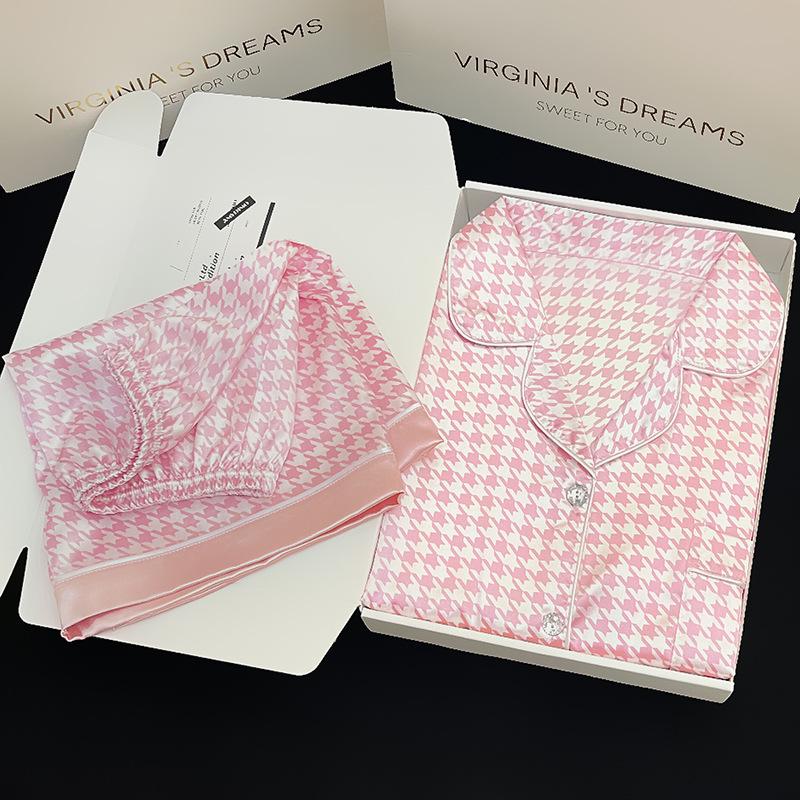 Thousand Birds Grid Ice Silk Pajamas Women S Summer Suit Short Sleeve Loungewear Can Be Worn Outside M
