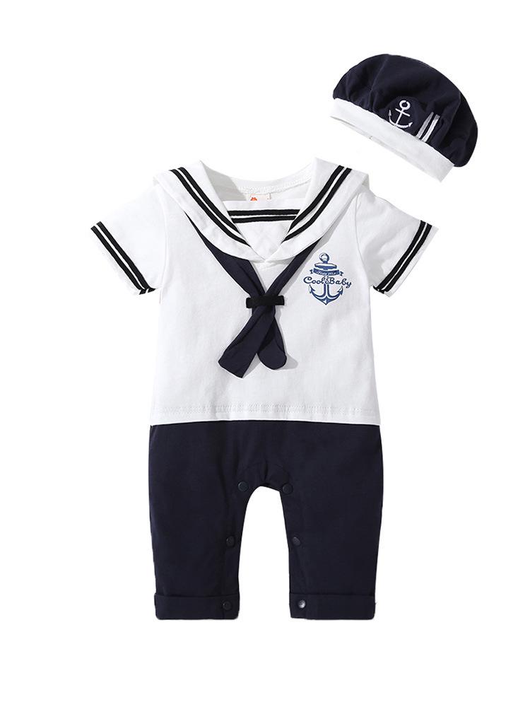 Set due pezzi estivo per neonato maschio, uniforme blu navy, con cappellino