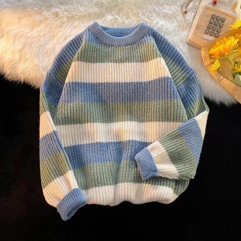 Men's Fall/Winter Contrast-Striped Crewneck Knit Sweater Retro Causal Relaxed-Fit Sweater