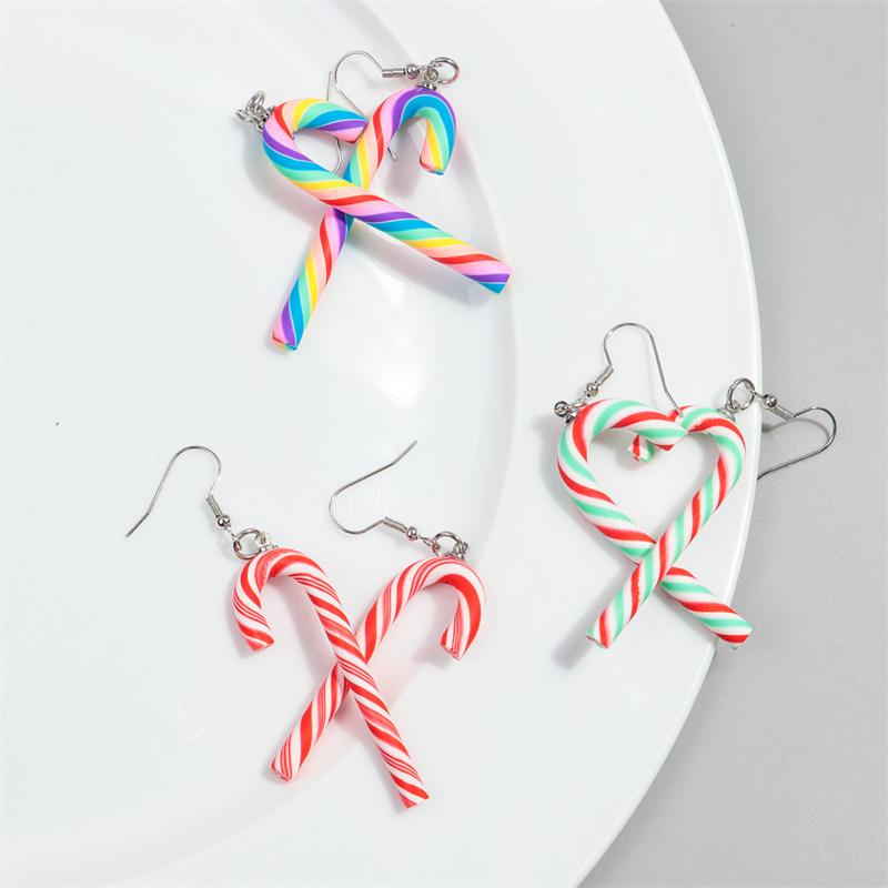 Sweet Colorful Stripes Candy Cane Earrings for Women Simple Christmas Candy Hook Earrings New Year Festive Party Jewelry Gifts
