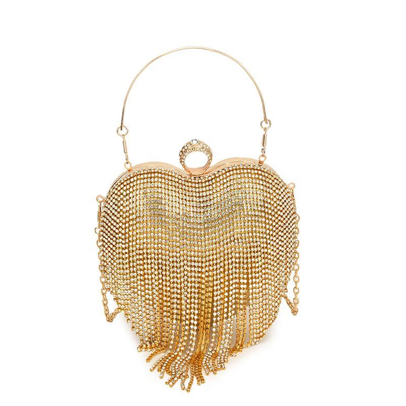 Elegant Rhinestone Heart Shaped Handbag With Tassel Chain Strap Small Evening Clutch Women Formal Party Dress Accessory