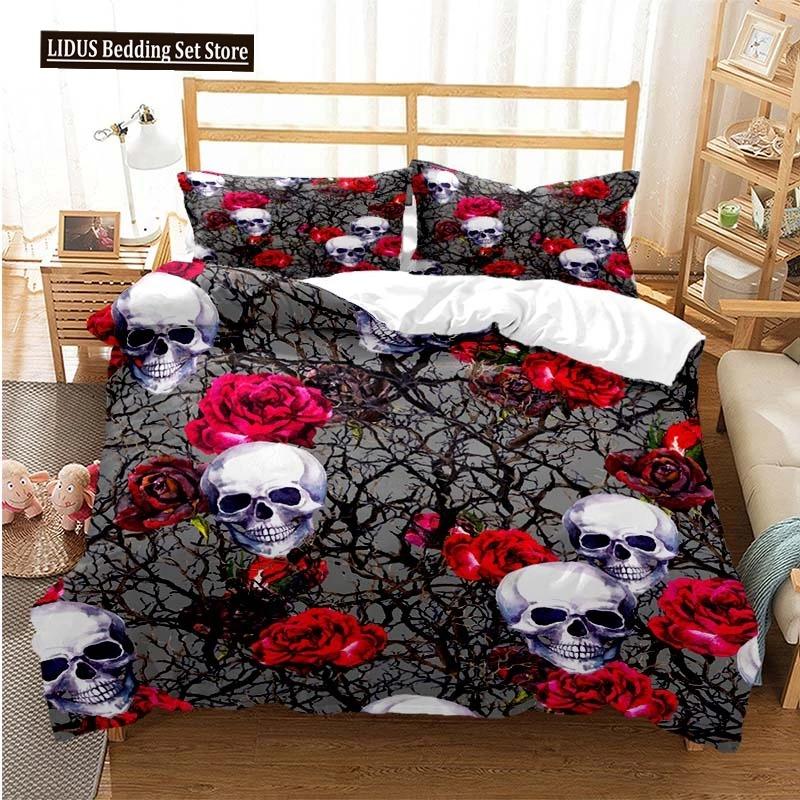 Sugar Skull Duvet Cover Set Queen Size Flowers Skeleton Bed Linen Double Bedding Set With Pillowcase King Size Skull Quilt Cover