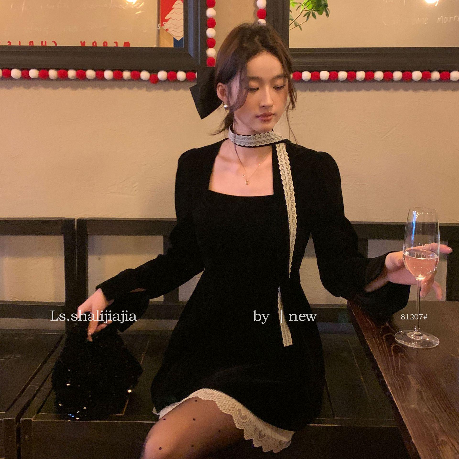 

LS Lady Style French Dress: Long Sleeve Lace Patchwork Short Skirt for Autumn/Winter Large чёрный
