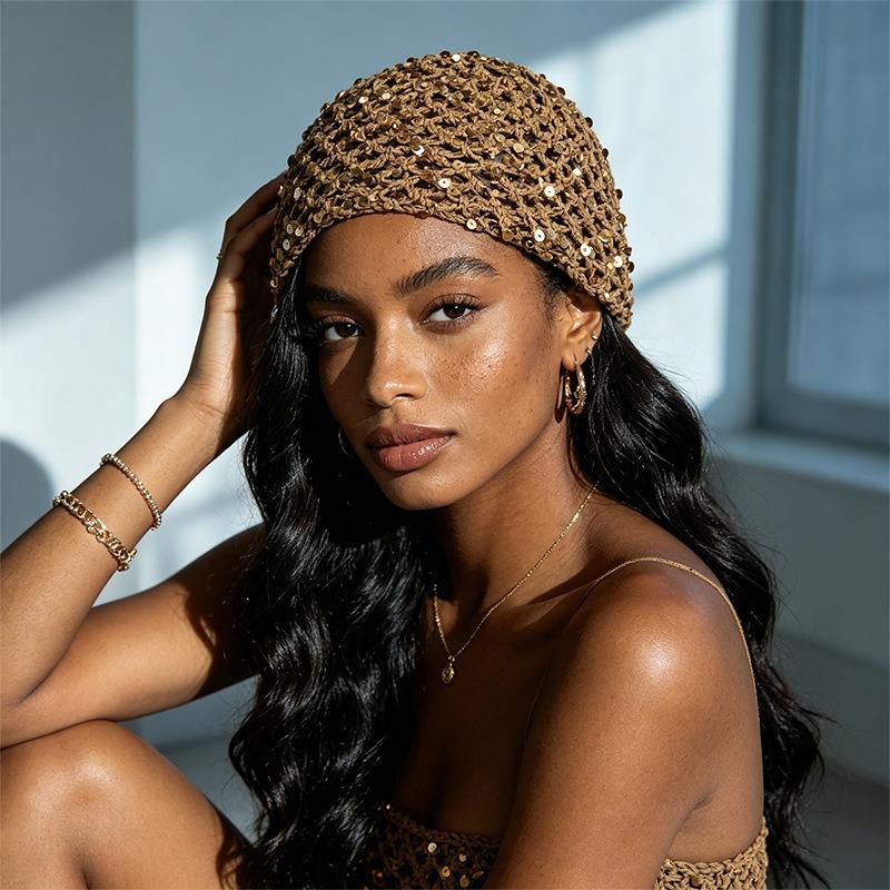 Women Breathable Solid Color Hollow Out Knitted Beanie Cap