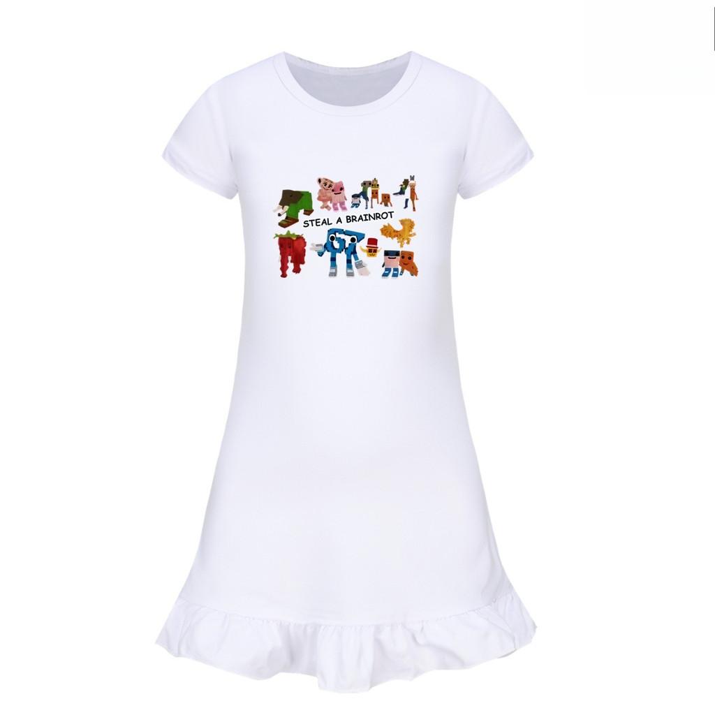 5214 Kids Girls Steal a Brainrot 67 Six Seven Printed Ruffle Short Sleeves Casual Dress