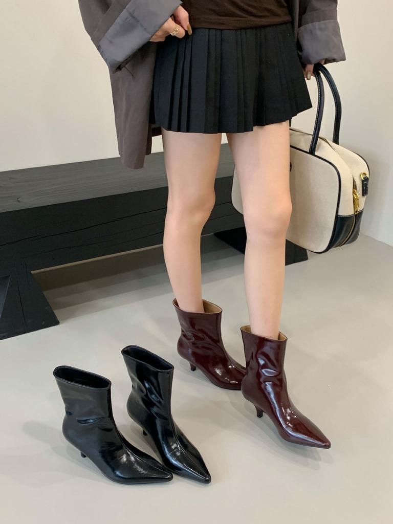 2025 autumn and winter new European and American fine heel middle heel fashion pointed short boots wide boots solid color boots