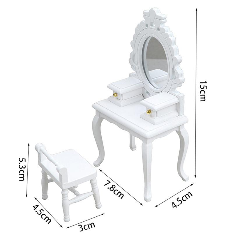 1:12 Dollhouse Miniature Wooden Makeup Dressing Table With Stool Dressing Cabinet Storage Cabinet Dolls Bedroom Bathroom Furniture Decor