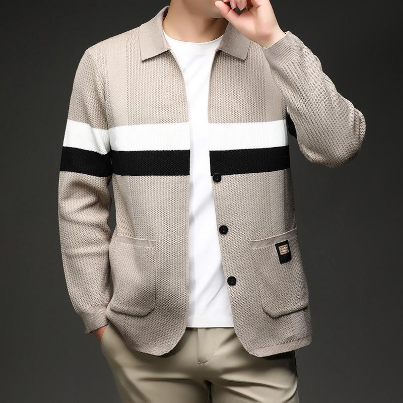 Men's Color Block Lapel Cardigan: Autumn/Winter Sweater Coat with Real Pockets - Youth Style, Loose Knitwear