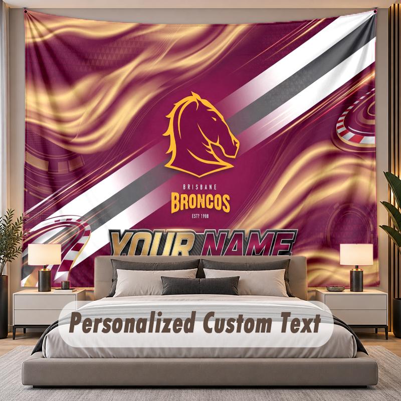 Custom Name Text Tapestry Brisbane Broncos Personalized Polyester Wall Tapestry For Bedroom And Room
