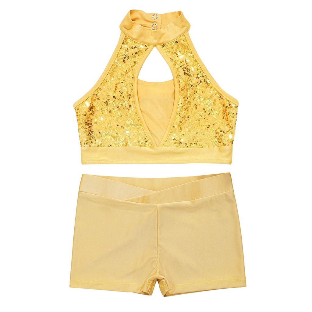 Girls Dance Performance Set Hollow Front Keyhole Back Sequin Patchwork Sleeveless Crop Top Shorts