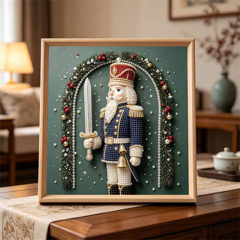 Handmade Framed Pearl Painting Set with Christmas Nutcracker Soldier Design 5D Shiny Bead Art Canvas Creative Craft for Room Decor