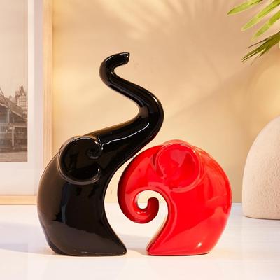 Home Decor Happy Charm Elefantenpaar | Keramikfiguren mit Klavierlackierung (2-teiliges Set, Rot und Schwarz)