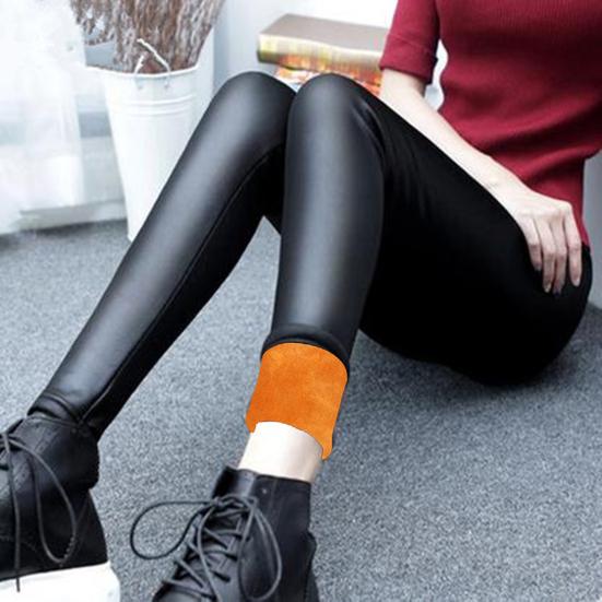 Women Leggings High Waist Slim Fit Hip Lift Pants Warm Velvet Lined Leggings Windproof Rainproof Faux Leather Pants