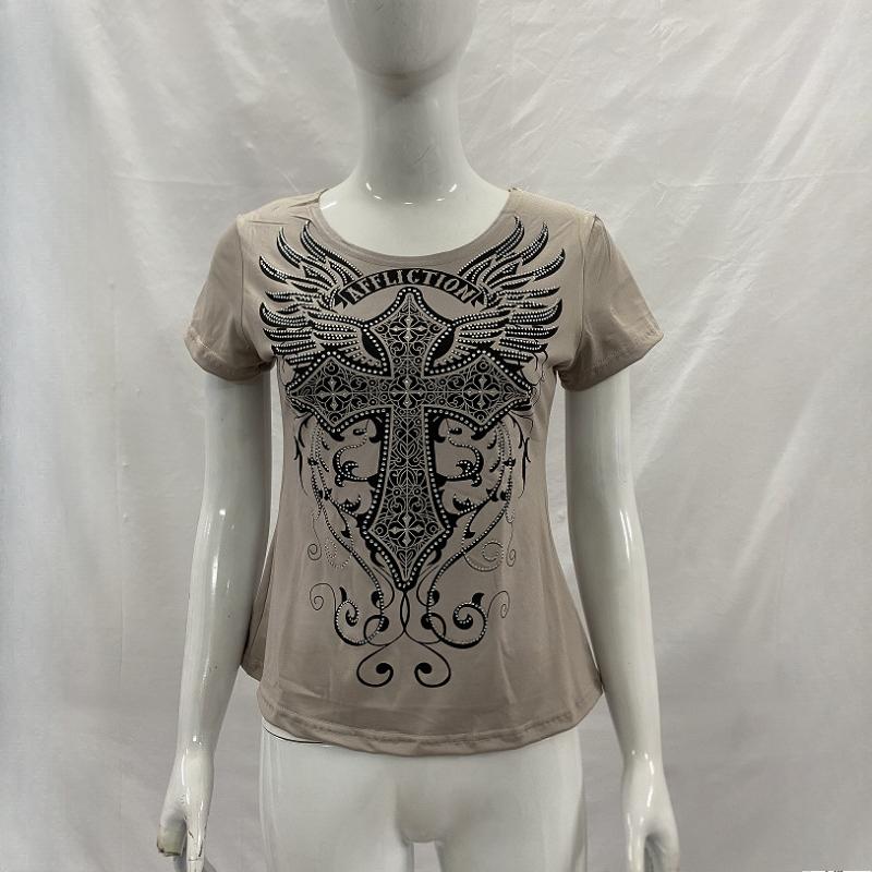 European and American Summer Gray Hot Stamping Diamond Print Temperament Slim Fit Gothic Y2K Women's T-shirt