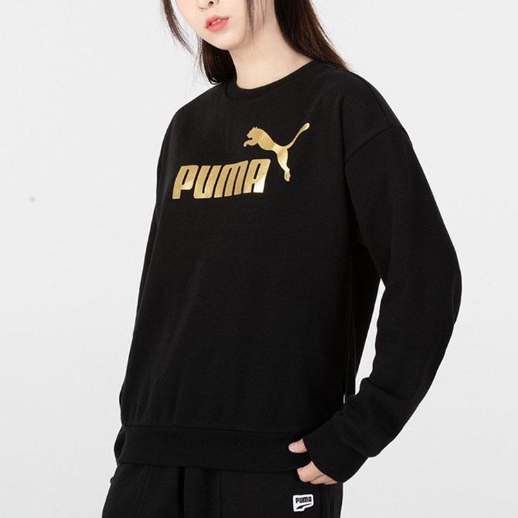 Puma Logo Printed Crew Neck Pullover Long Sleeve Sweatshirt Women sweatshirt Black 670945-01