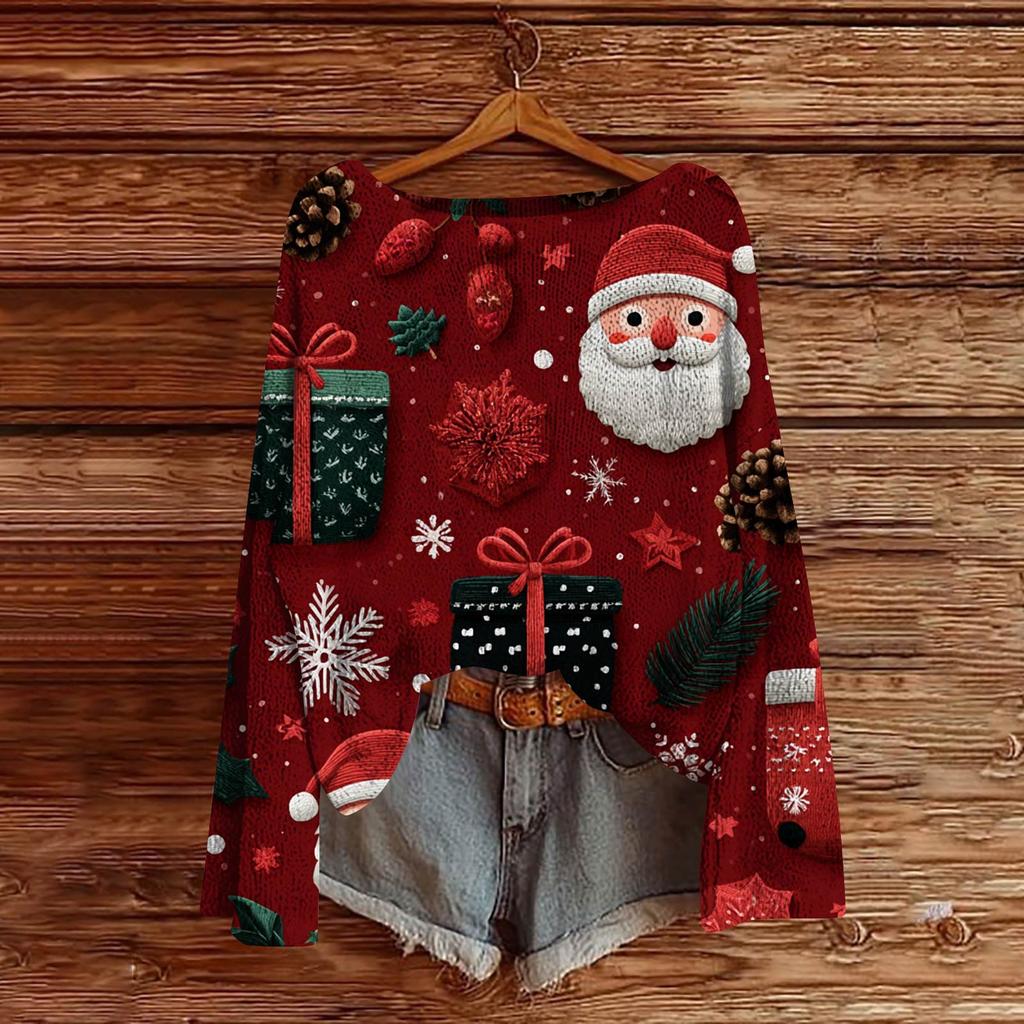 Women's Fashion Christmas Print Lightweight Sweater Casual Long-Sleeve Knit Pullover Top