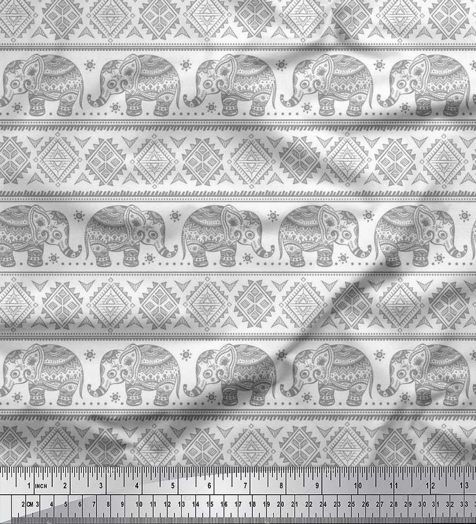 Soimoi Japan Crepe Satin Fabric Aztec & Tribal Elephant Ethnic Print Sewing Fabric Metre 42 Inch