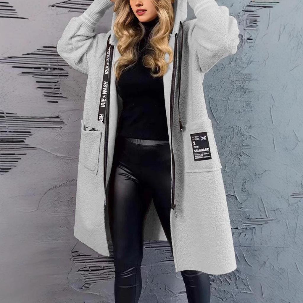2024 Casual Lambswool Patchwork Letter Hooded Coat with Drawstring Zipper