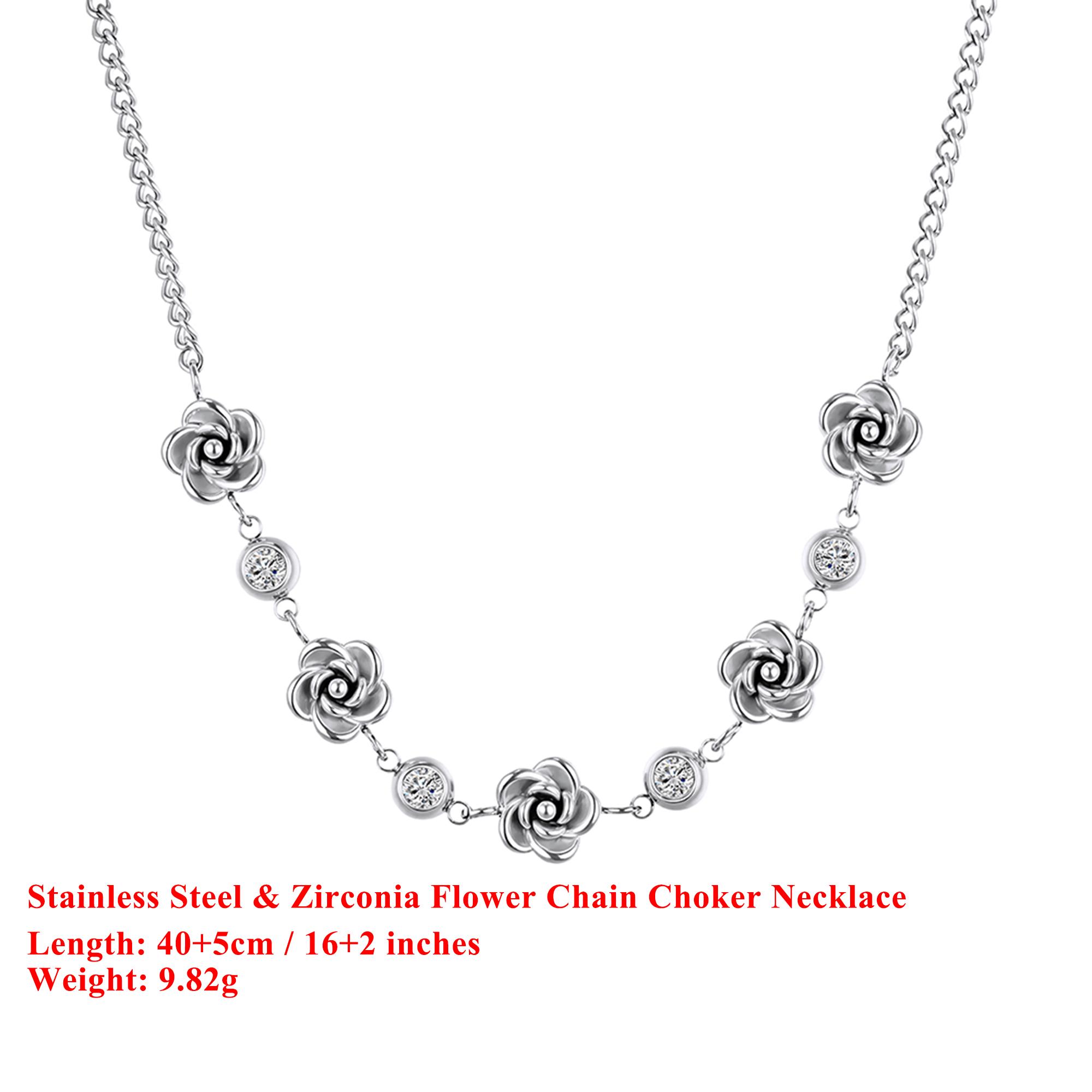 

EFFIE QUEEN Stainless Steel 18k Gold & Zirconia Flower Chain Choker Necklace Romantic Jewelry for Women, Men Banquet Gift STKN10 срібний