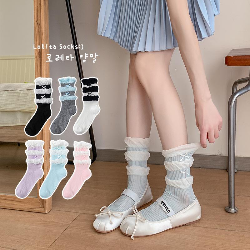 Female Summer Thin Double Layer Pile Pile Pleats Sweet Candy Color In The Tube Socks