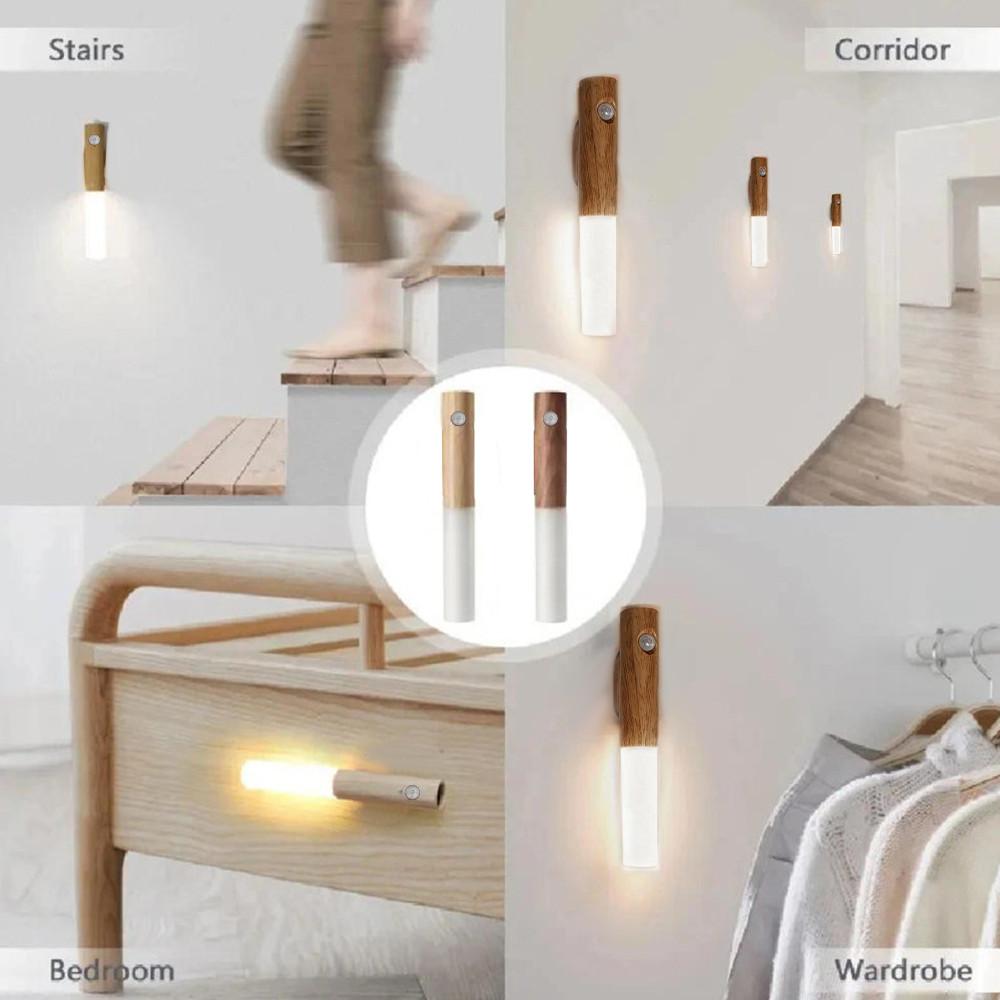 4pcs Motion Sensor Night Light Wooden Rechargeable 3color Magnet Indoor Body Sensor Night Lights Hand-Held Portable Led Wall Sconce Emergency Light