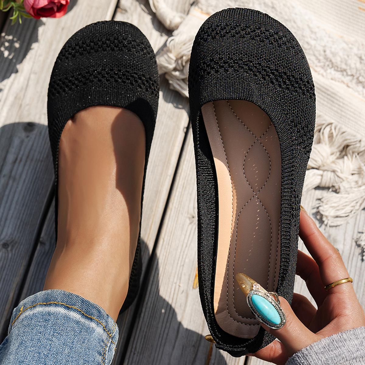 Bequeme Schuhe mit großem Kopf, flache Strickschuhe mit runder Zehenpartie, vielseitige Damen-Einzelschuhe im koreanischen Stil, Walking-Slipper, Sneakers 37 schwarz