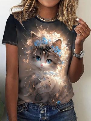 Princess Cat Print T-shirt, Casual Crew Neck Short Sleeve Top For Spring & Summer, Women's Clothing