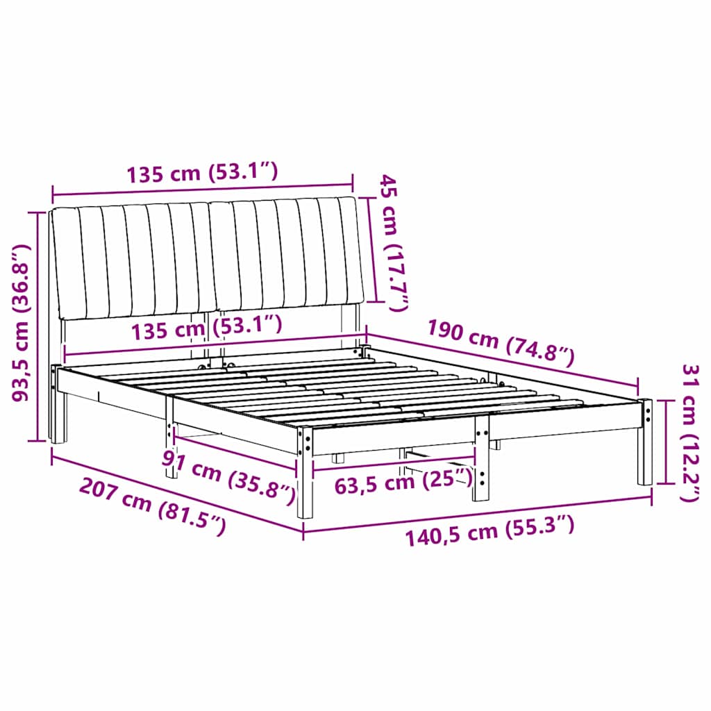 Bed Frame with Headboard Brown 135 X 190 Cm Solid Pine Wood