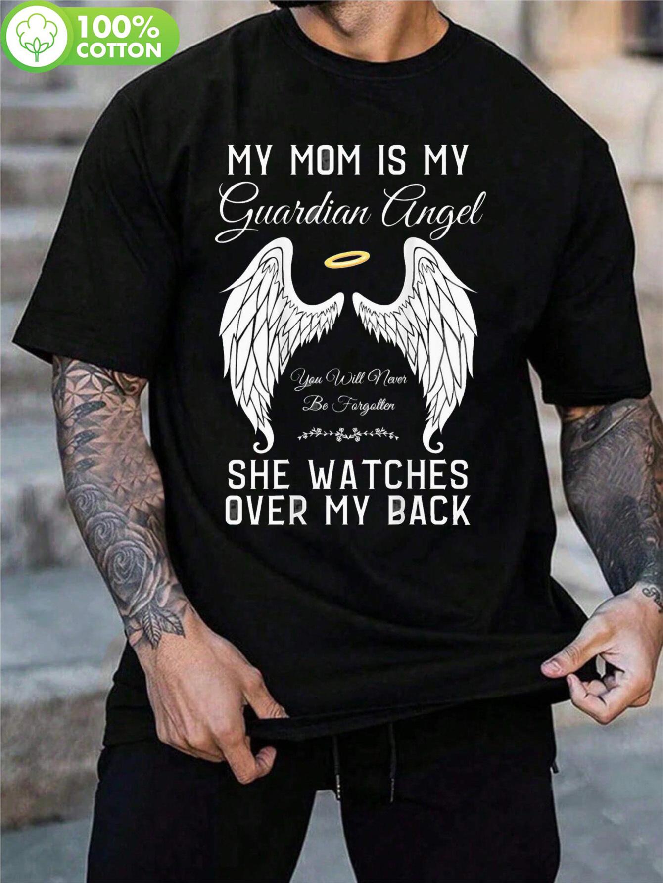 Black Memorial T-shirt - My Mom Is My Guardian Angel Print with Angel Wings & Golden Halo Design S