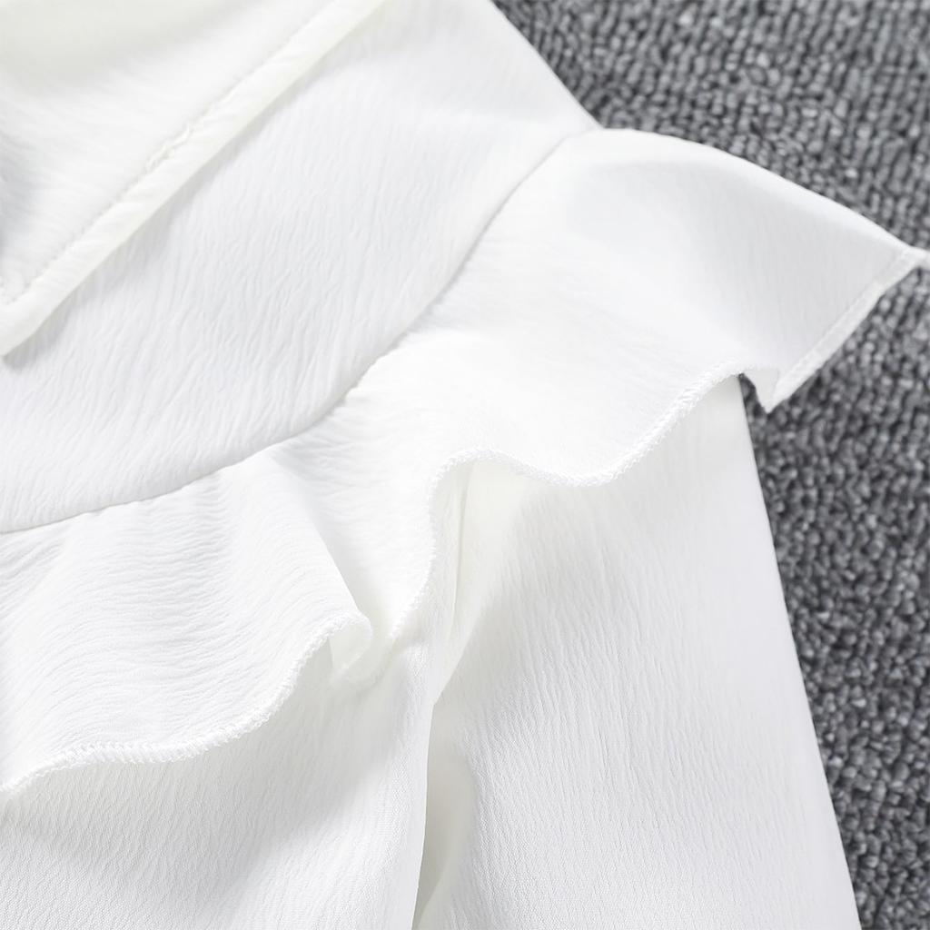 Blusa branca para meninas grandes, manga plissada, camisas pretas com laço, roupas adolescentes, uniforme escolar, outono, tops brancos