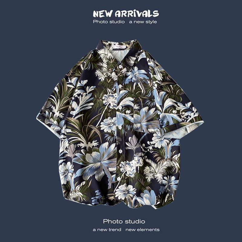 Letnia Koreańska Retro Kwiatowa Para Luźna Koszula z Krótkim Rękawem - Męski Modny Styl