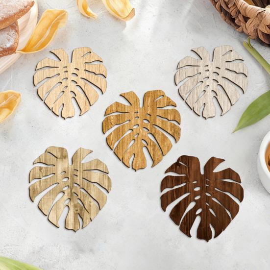 5Pcs Tropical Leaf Coasters Wooden Drink Mats for Kitchen Bar Table Protection Monstera Shape Heat-Resistant Mat Rustic Home Decor Holiday Party