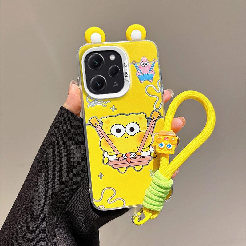 KEYSION Cute Ear Cartoon Case for Redmi 12 4G with Lanyard Soft Silicone+PC Shockproof Phone Back Cover for Xiaomi Redmi 12 5G