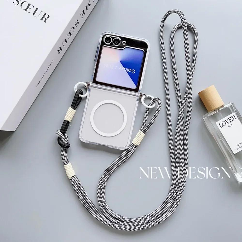 Transparent For Magsafe Magnetic Crossbody Lanyard Phone Case For Samsung Galaxy Z Flip 6 5 4 3 Flip6 Flip5 Flip4 Flip3 5G Cover