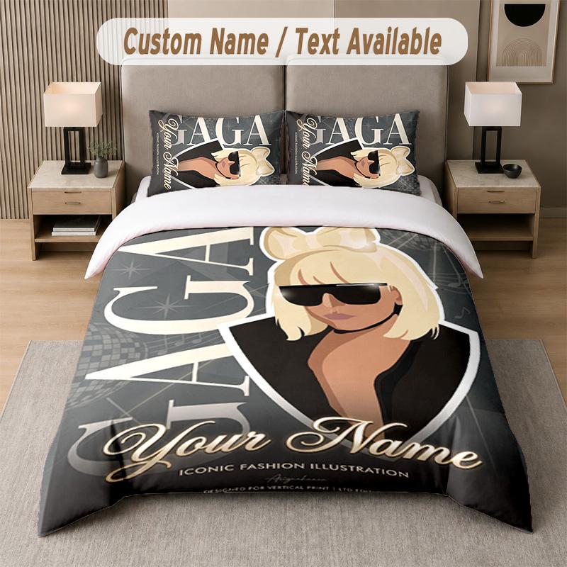 Lady Gaga 3Pcs Bedding Set, Personalized Custom Name Text, 1 Duvet Cover & 2 Pillowcases For Bedroom