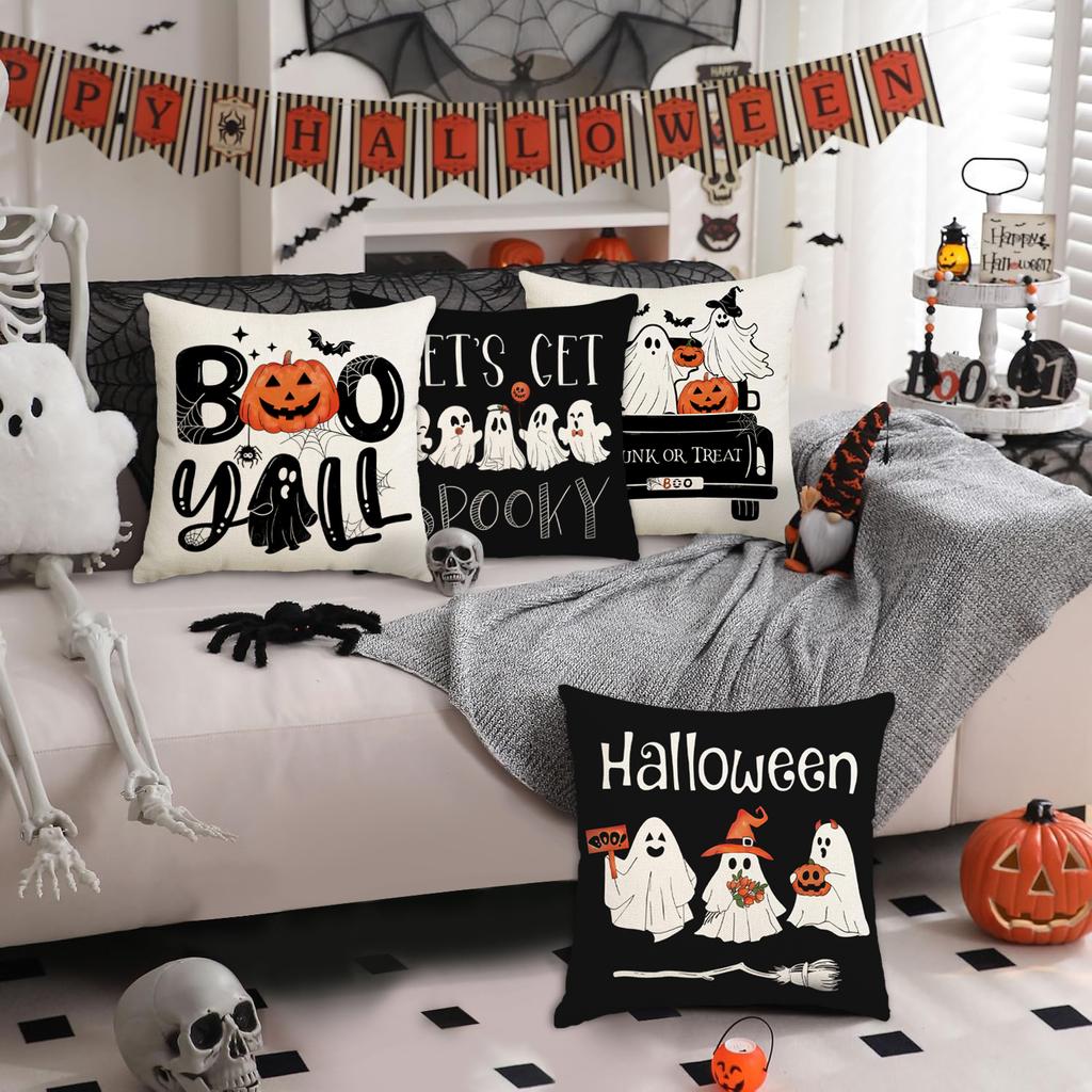 1/4 Piece Halloween Happy Pillow Cover, Horror Ghost, Bat Print Cushion Cover, Mischief or Trick On Halloween Sofa Cushion Cover