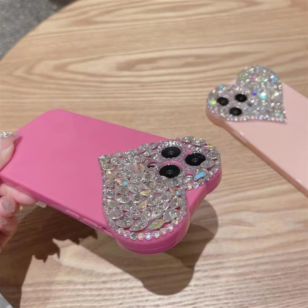 Case For iPhone 16 17 Air 15 Pro Max 14 Plus 13 Mini 12 Pro 11 7 8 SE2 Candy Blink 3D Diamond Heart StyleSoft Phone Case Cover