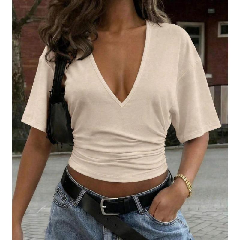 Blusas y Camisas Casuales de Moda para Mujer JPNTKY de Manga Corta con Cuello en V