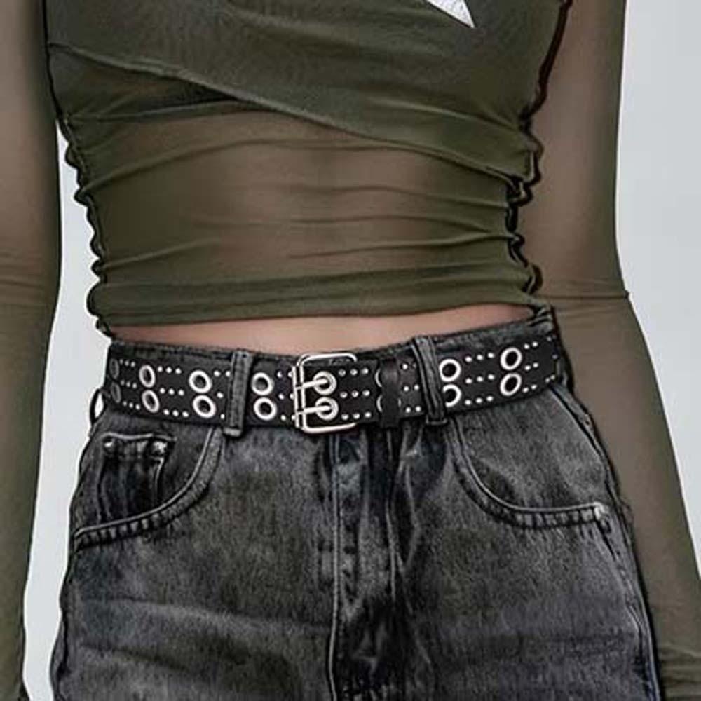 Double Row Needle Buckle Hollow Rivet Belt Adjustable Black Leather Waistbands  Women